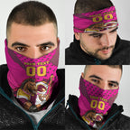 Custom Rugby Broncos Neck Gaiter Muscular Horse Mascot With Flag In Pink