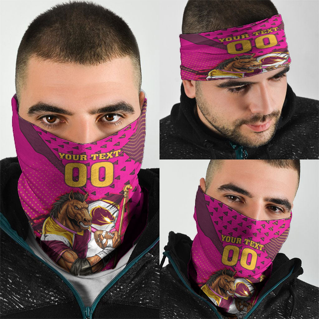 Custom Rugby Broncos Neck Gaiter Muscular Horse Mascot With Flag In Pink