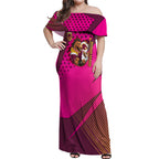 Custom Rugby Broncos Off Shoulder Maxi Dress Muscular Horse Mascot With Flag In Pink