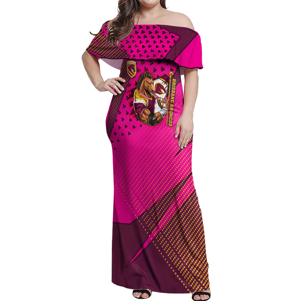 Custom Rugby Broncos Off Shoulder Maxi Dress Muscular Horse Mascot With Flag In Pink