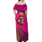 Custom Rugby Broncos Off Shoulder Maxi Dress Muscular Horse Mascot With Flag In Pink