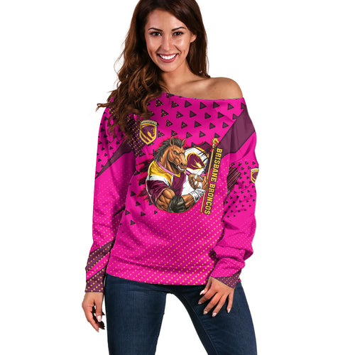 Custom Rugby Broncos Off Shoulder Sweater Muscular Horse Mascot With Flag In Pink