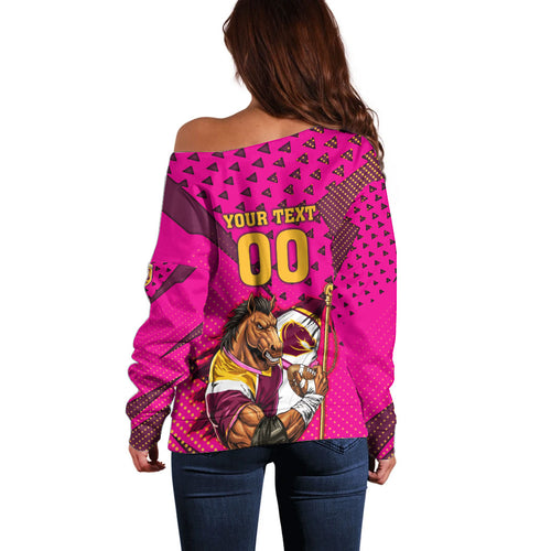 Custom Rugby Broncos Off Shoulder Sweater Muscular Horse Mascot With Flag In Pink