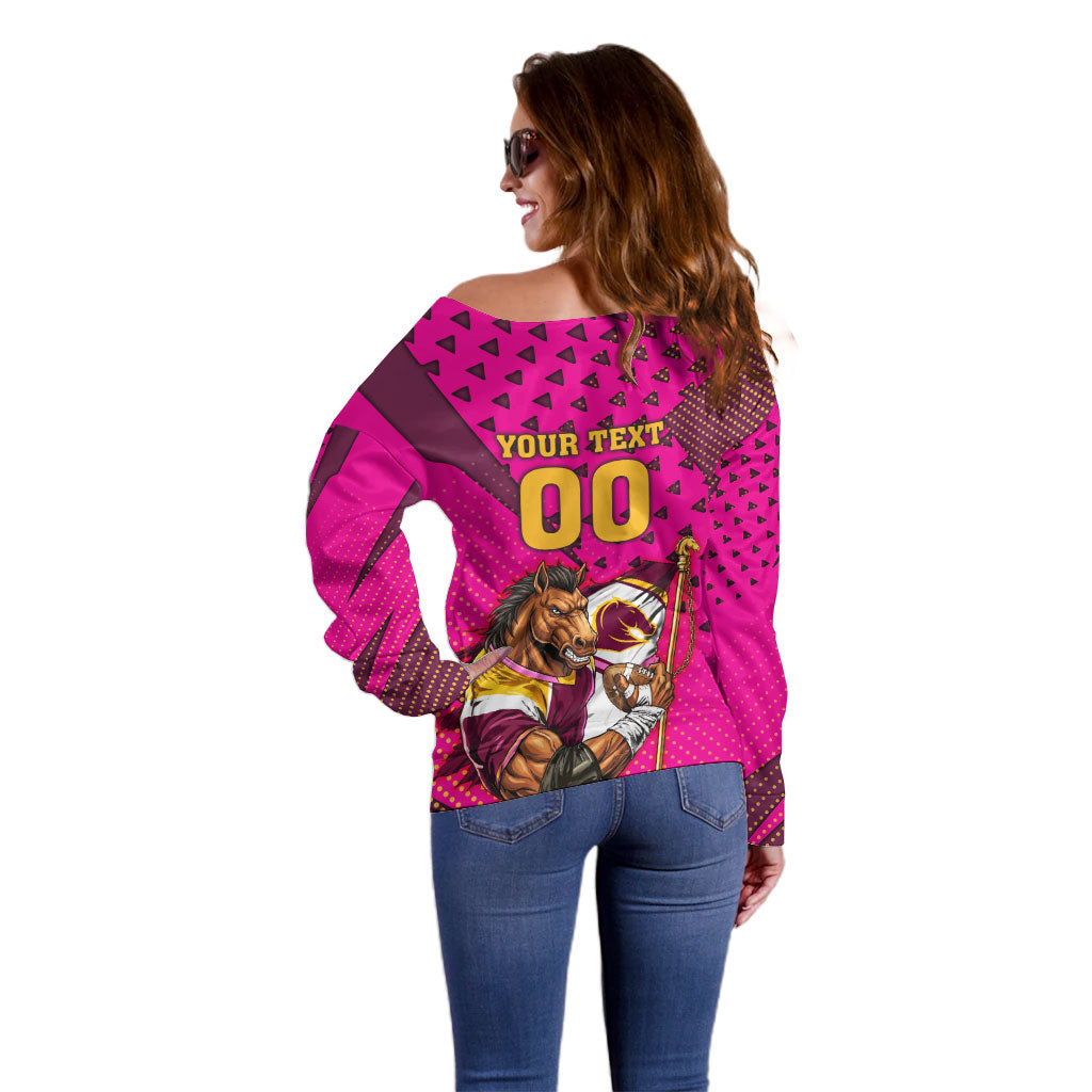 Custom Rugby Broncos Off Shoulder Sweater Muscular Horse Mascot With Flag In Pink