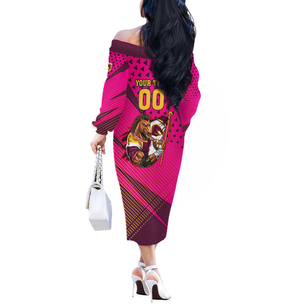 Custom Rugby Broncos Off The Shoulder Long Sleeve Dress Muscular Horse Mascot With Flag In Pink