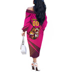 Custom Rugby Broncos Off The Shoulder Long Sleeve Dress Muscular Horse Mascot With Flag In Pink