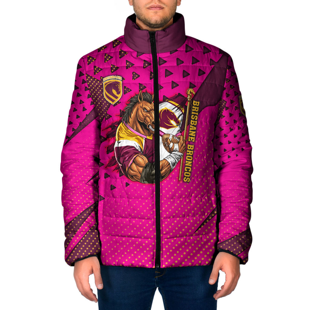Custom Rugby Broncos Padded Jacket Muscular Horse Mascot With Flag In Pink