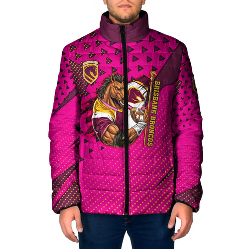 Custom Rugby Broncos Padded Jacket Muscular Horse Mascot With Flag In Pink