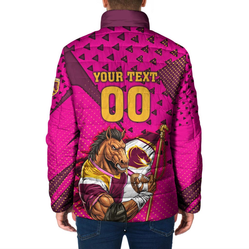 Custom Rugby Broncos Padded Jacket Muscular Horse Mascot With Flag In Pink