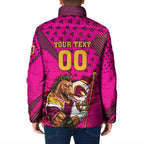 Custom Rugby Broncos Padded Jacket Muscular Horse Mascot With Flag In Pink