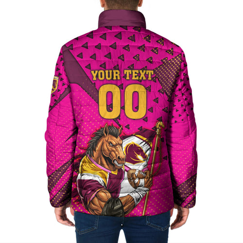 Custom Rugby Broncos Padded Jacket Muscular Horse Mascot With Flag In Pink