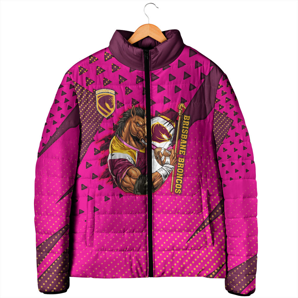 Custom Rugby Broncos Padded Jacket Muscular Horse Mascot With Flag In Pink