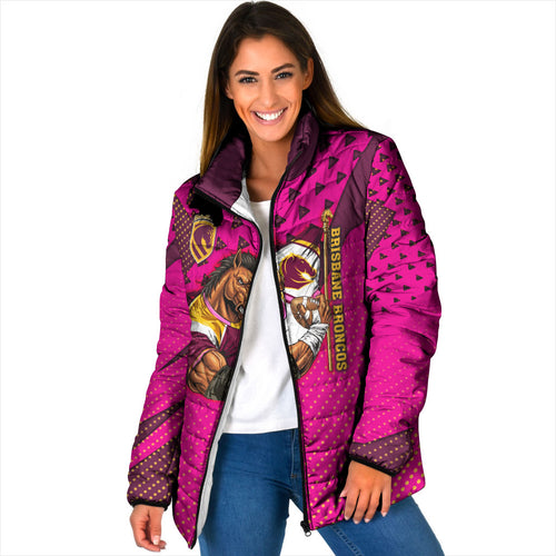 Custom Rugby Broncos Padded Jacket Muscular Horse Mascot With Flag In Pink