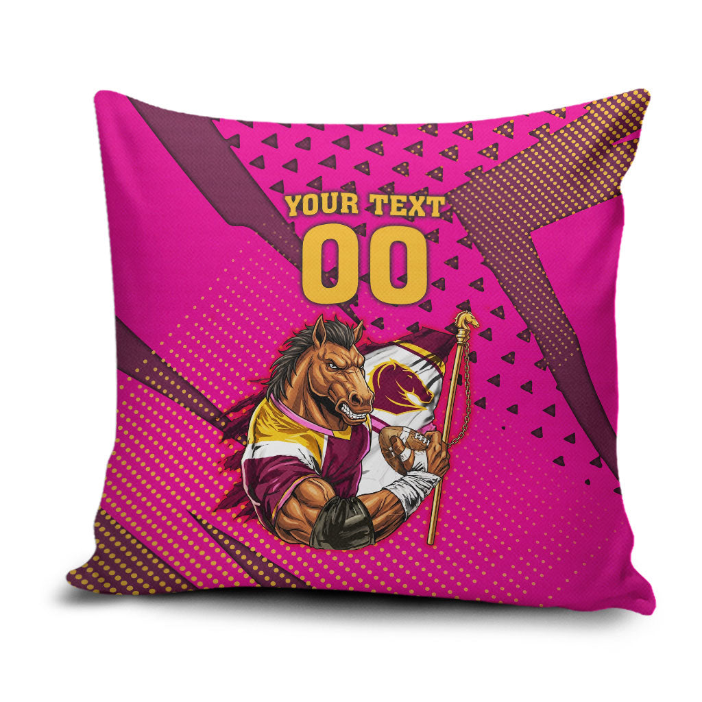 Custom Rugby Broncos Pillow Cover Muscular Horse Mascot With Flag In Pink