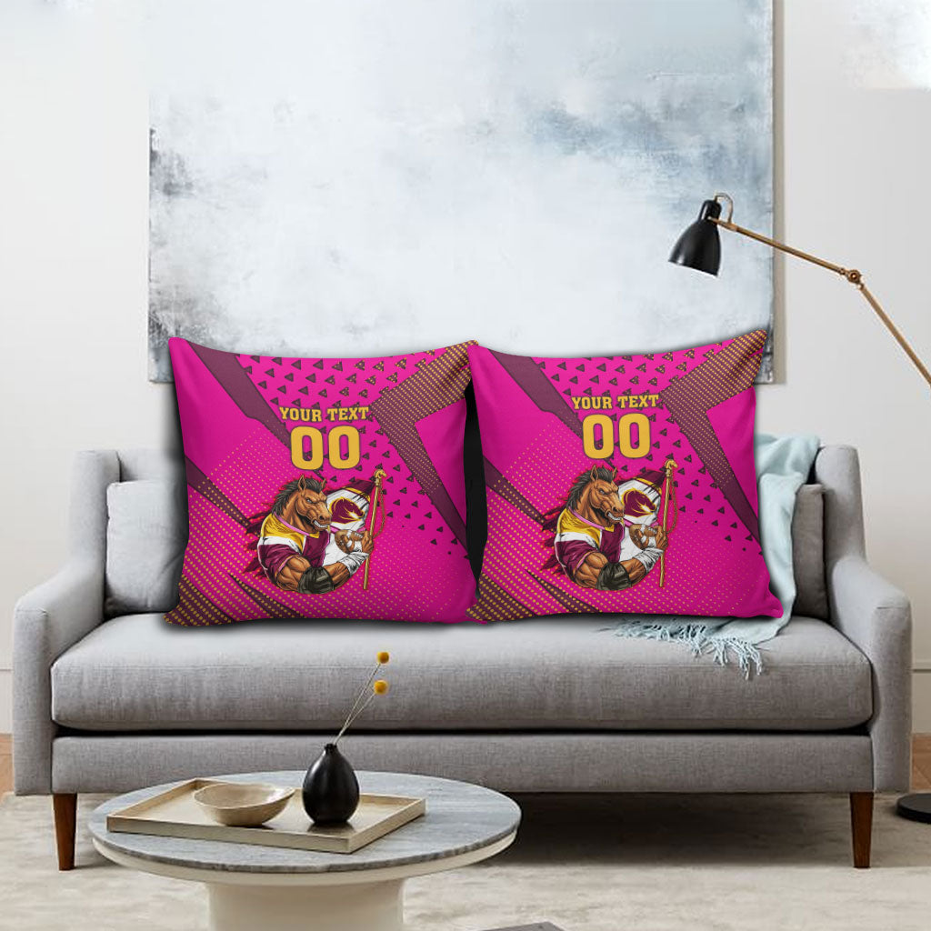 Custom Rugby Broncos Pillow Cover Muscular Horse Mascot With Flag In Pink
