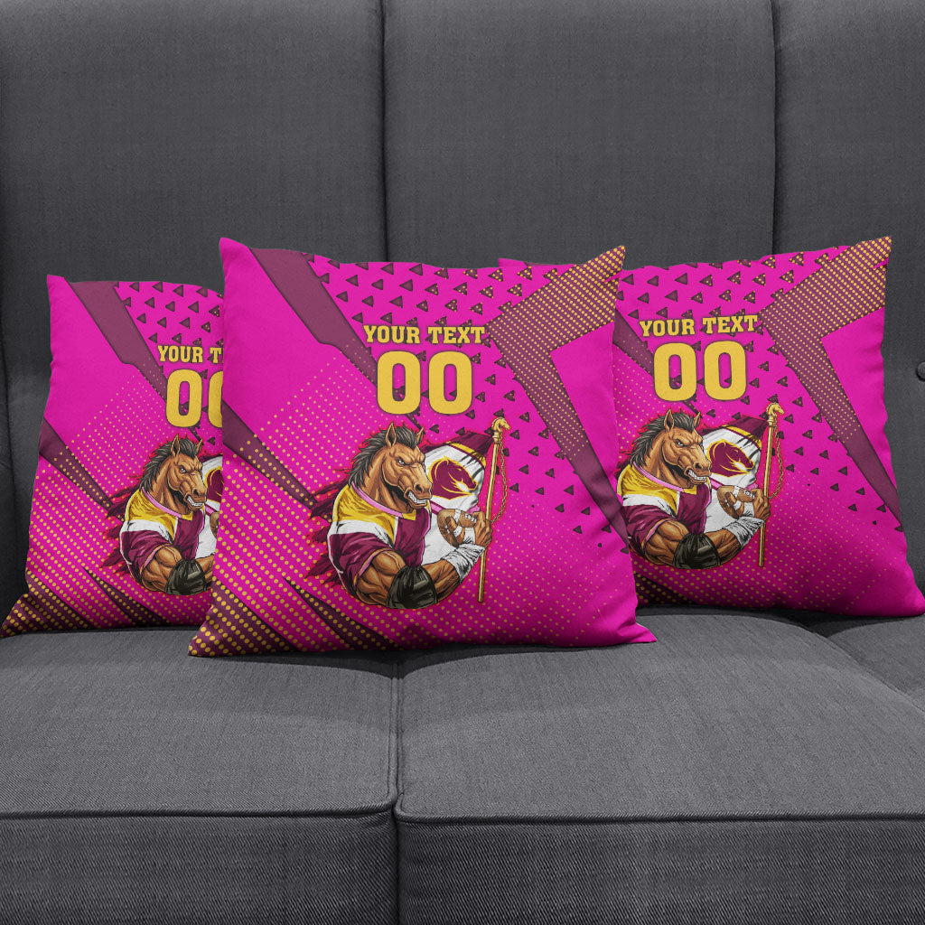 Custom Rugby Broncos Pillow Cover Muscular Horse Mascot With Flag In Pink