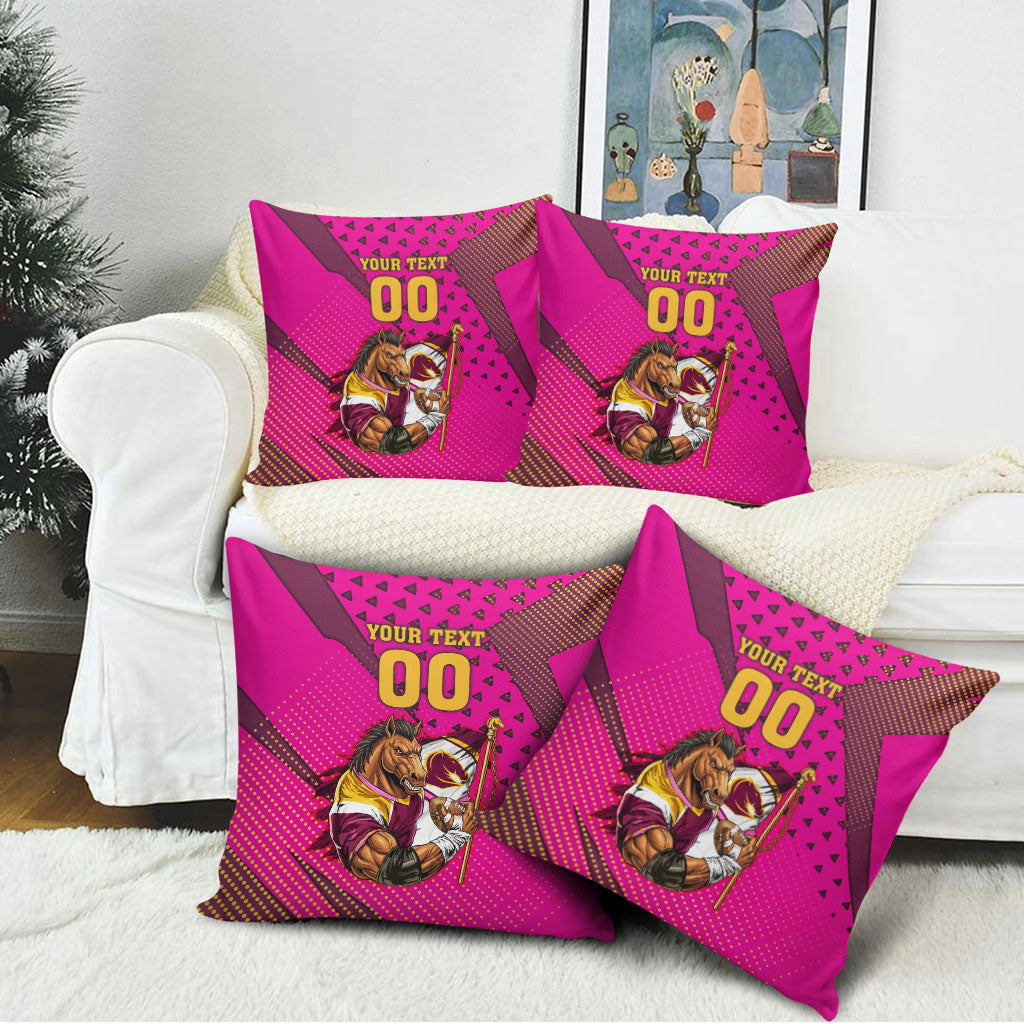 Custom Rugby Broncos Pillow Cover Muscular Horse Mascot With Flag In Pink