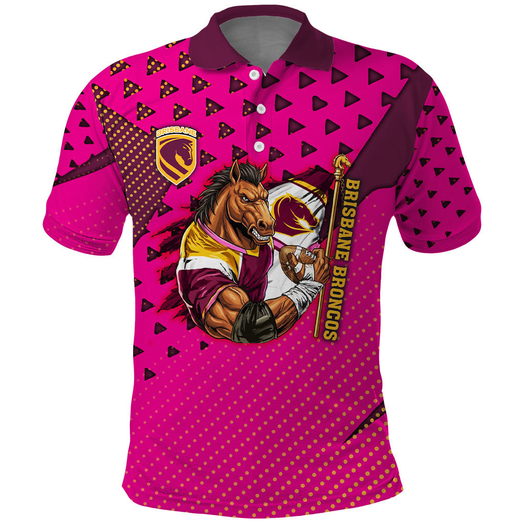 Custom Rugby Broncos Polo Shirt Muscular Horse Mascot With Flag In Pink