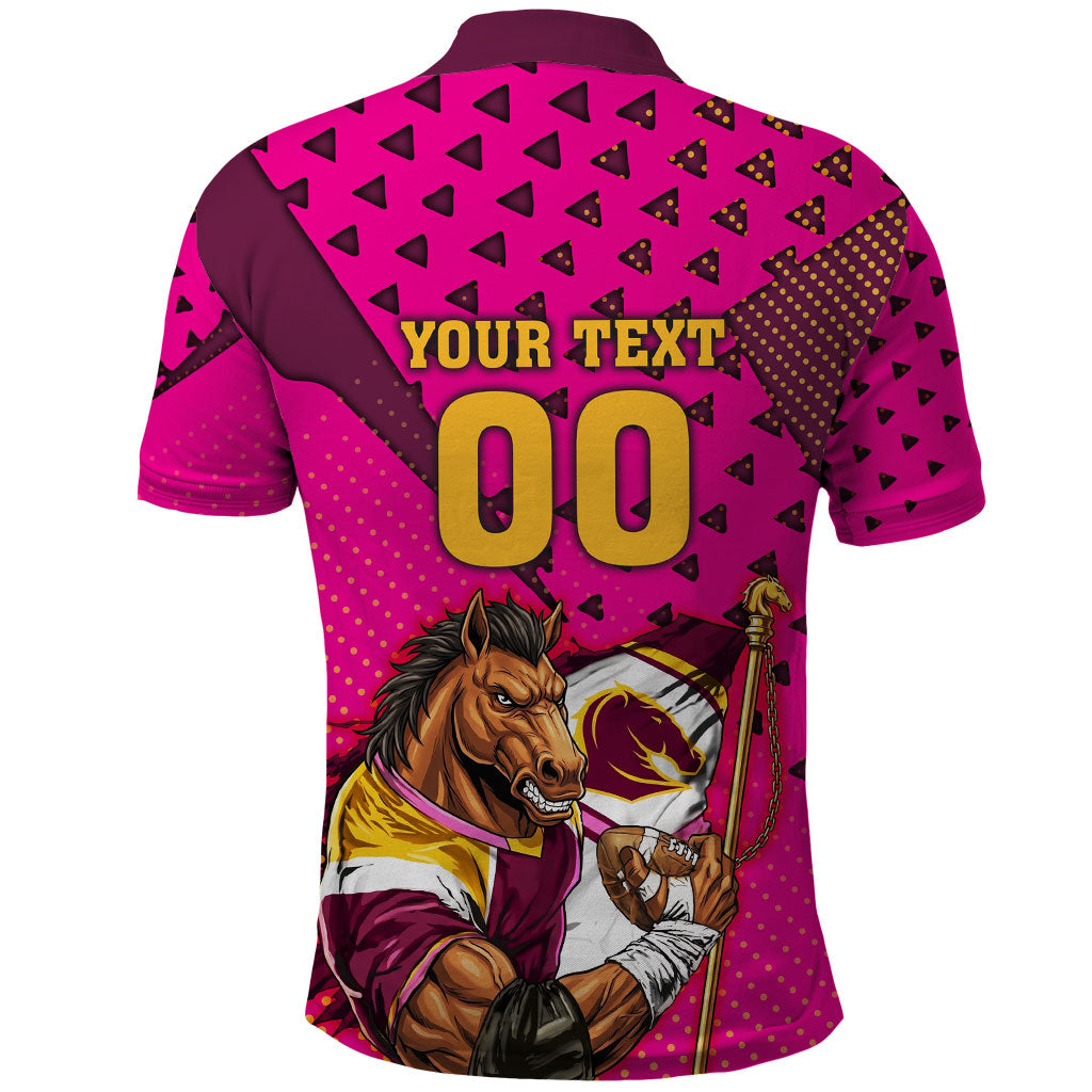 Custom Rugby Broncos Polo Shirt Muscular Horse Mascot With Flag In Pink