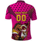 Custom Rugby Broncos Polo Shirt Muscular Horse Mascot With Flag In Pink