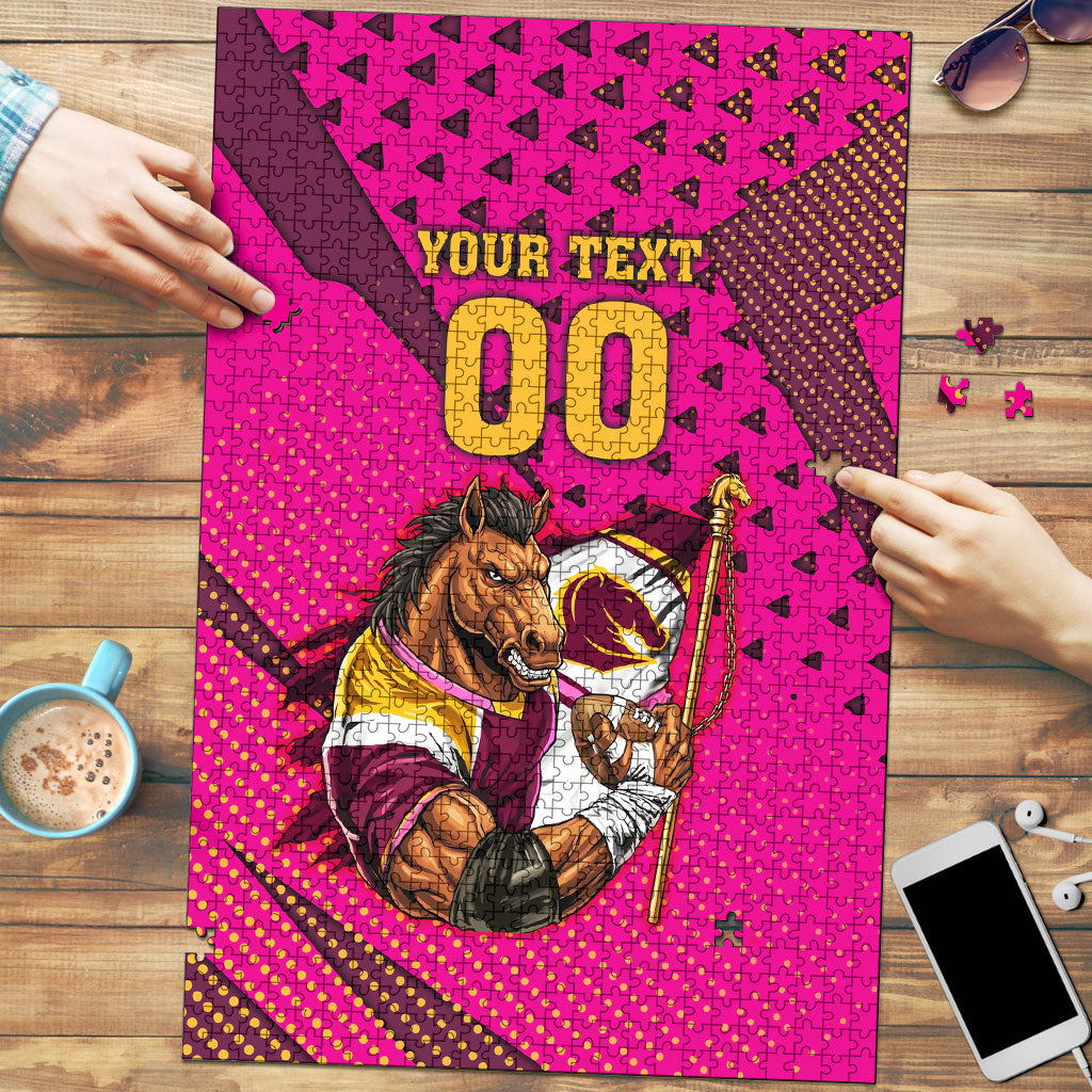 Custom Rugby Broncos Puzzle Muscular Horse Mascot With Flag In Pink