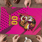 Custom Rugby Broncos Puzzle Muscular Horse Mascot With Flag In Pink