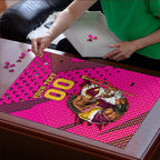 Custom Rugby Broncos Puzzle Muscular Horse Mascot With Flag In Pink
