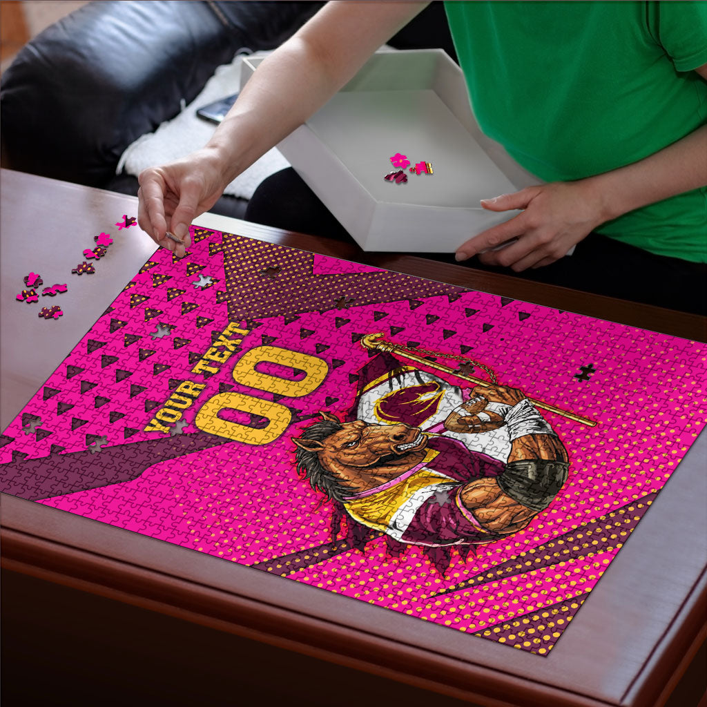 Custom Rugby Broncos Puzzle Muscular Horse Mascot With Flag In Pink
