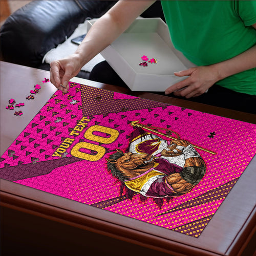 Custom Rugby Broncos Puzzle Muscular Horse Mascot With Flag In Pink