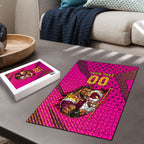 Custom Rugby Broncos Puzzle Muscular Horse Mascot With Flag In Pink