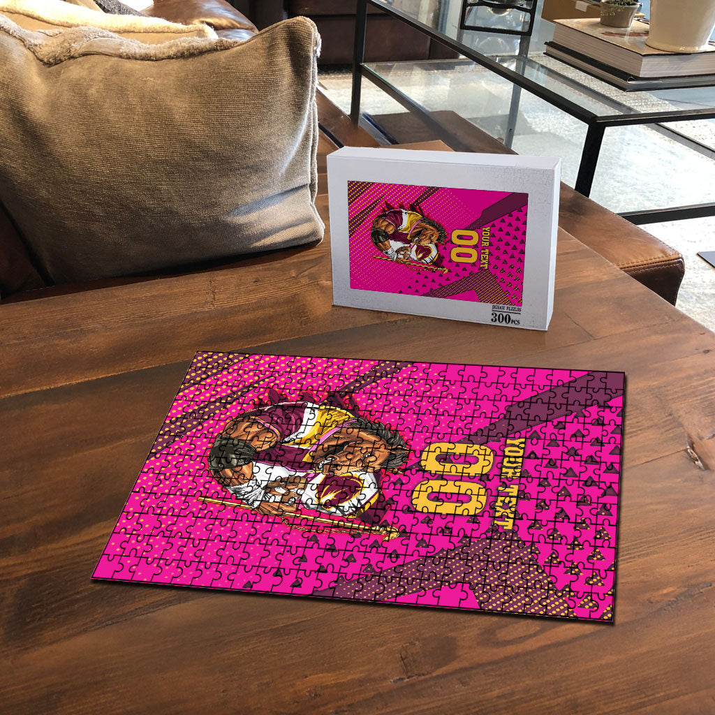 Custom Rugby Broncos Puzzle Muscular Horse Mascot With Flag In Pink