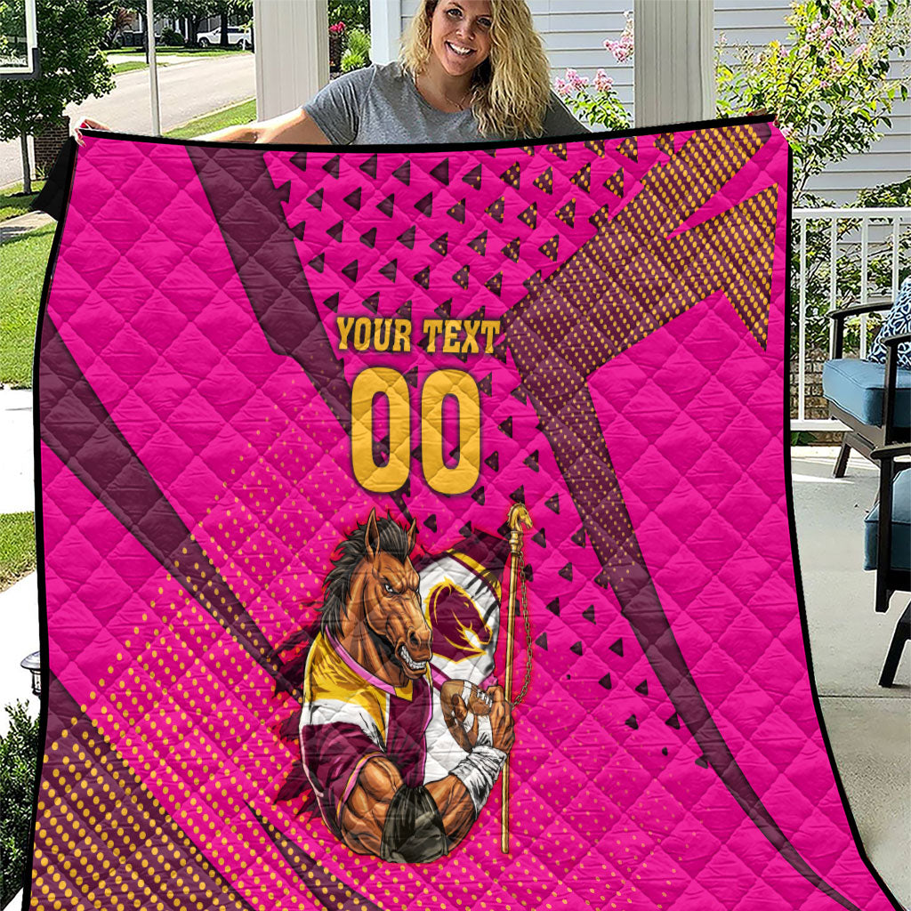 Custom Rugby Broncos Quilt Muscular Horse Mascot With Flag In Pink