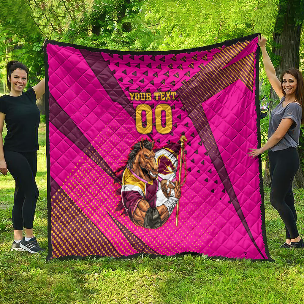 Custom Rugby Broncos Quilt Muscular Horse Mascot With Flag In Pink