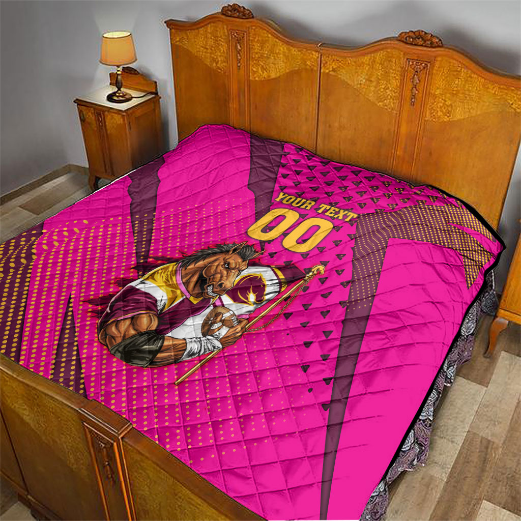 Custom Rugby Broncos Quilt Muscular Horse Mascot With Flag In Pink