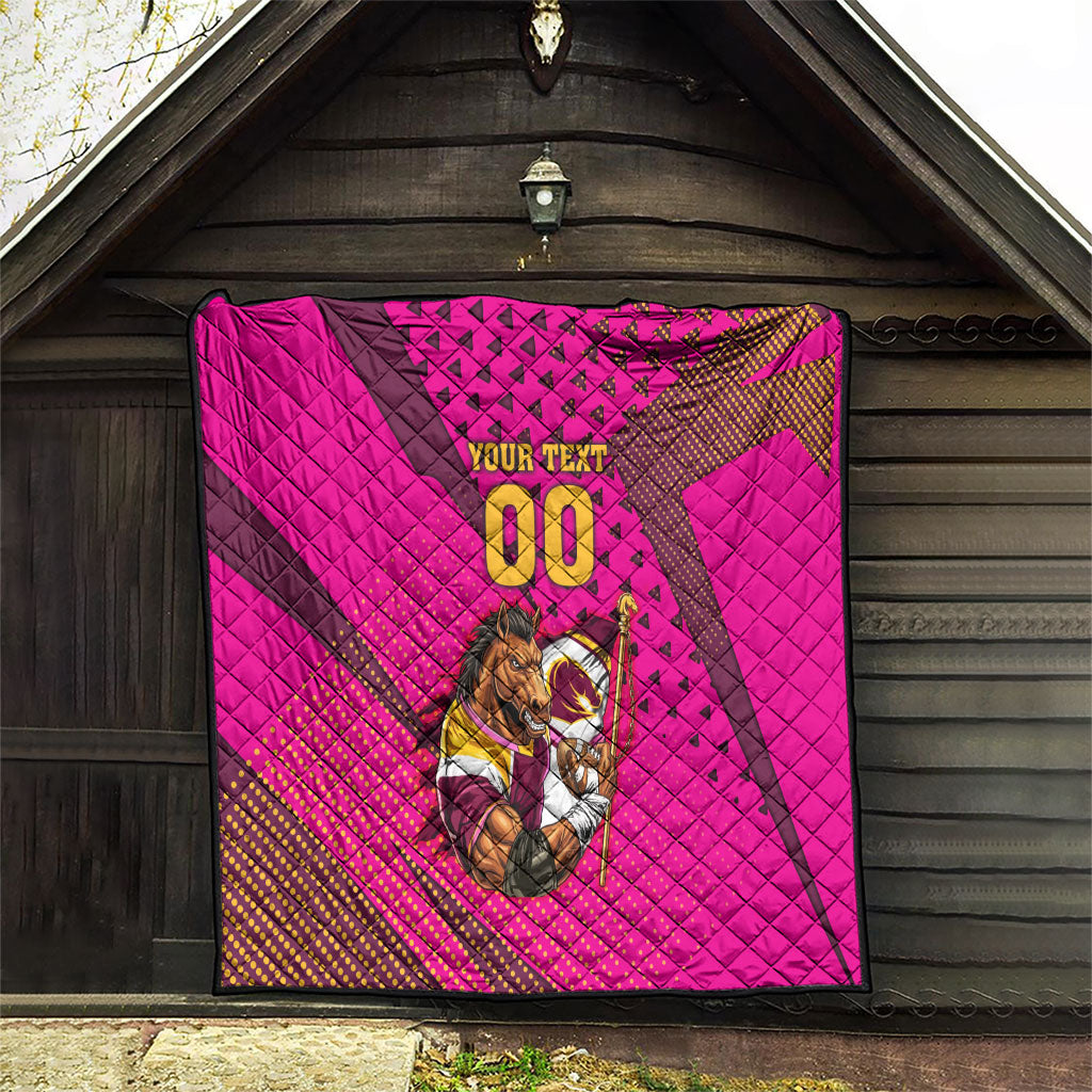 Custom Rugby Broncos Quilt Muscular Horse Mascot With Flag In Pink