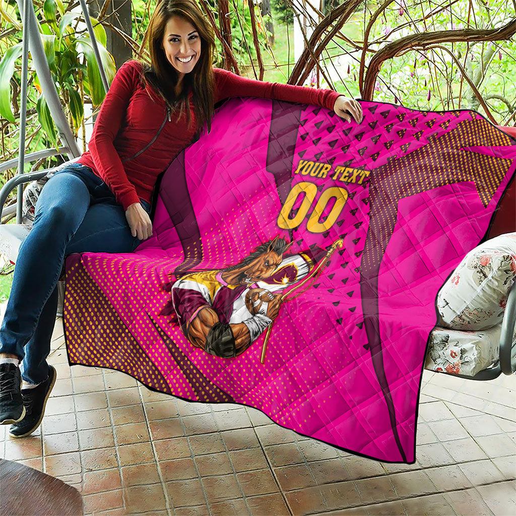 Custom Rugby Broncos Quilt Muscular Horse Mascot With Flag In Pink