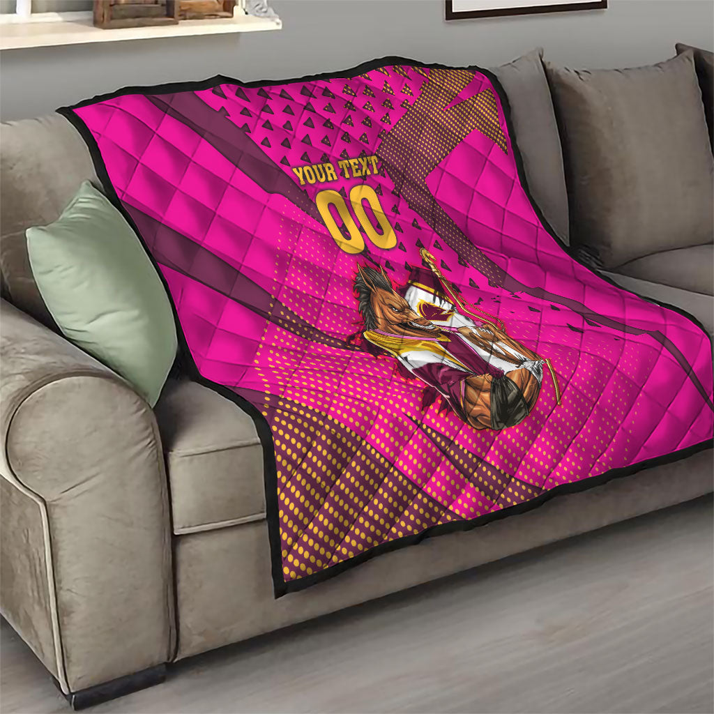 Custom Rugby Broncos Quilt Muscular Horse Mascot With Flag In Pink
