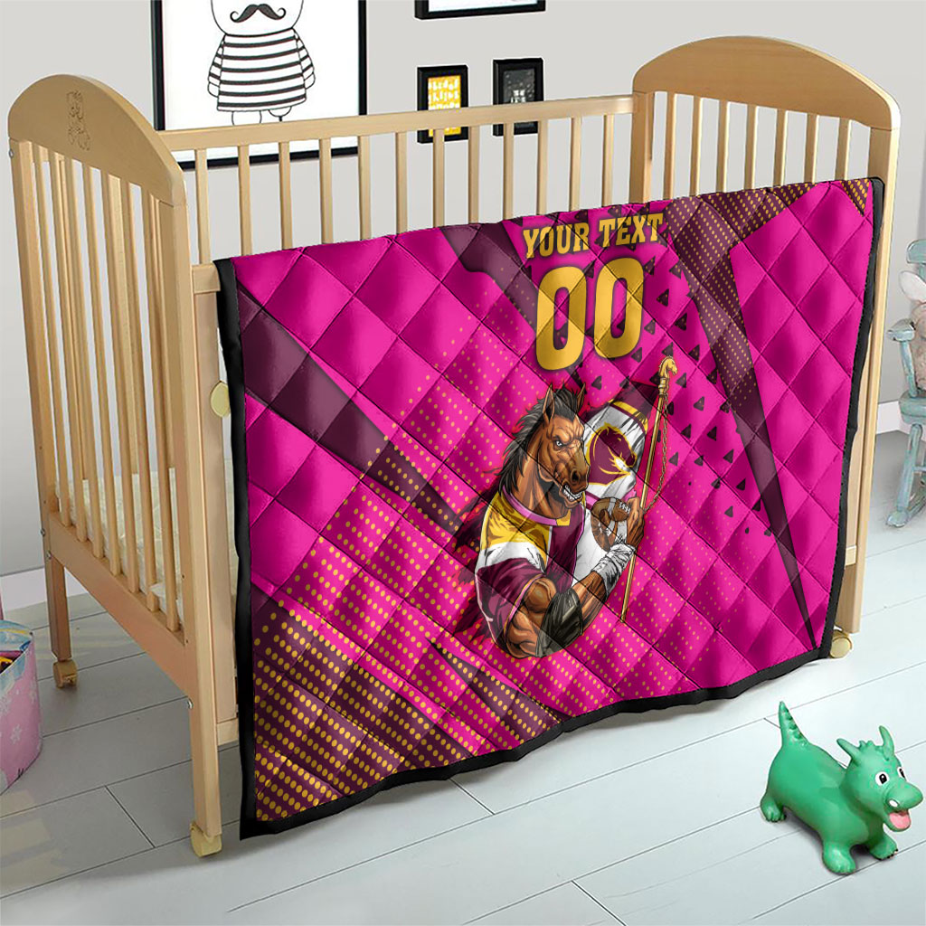 Custom Rugby Broncos Quilt Muscular Horse Mascot With Flag In Pink