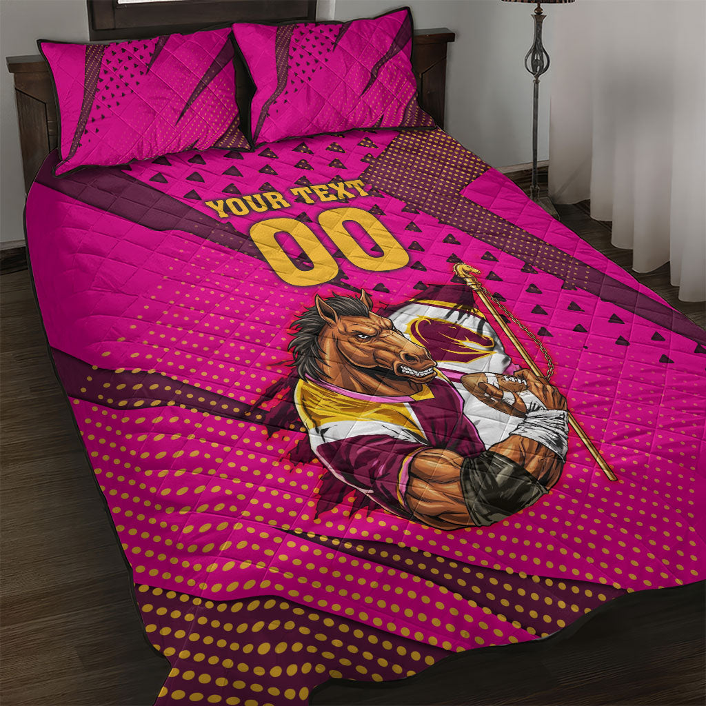 Custom Rugby Broncos Quilt Bed Set Muscular Horse Mascot With Flag In Pink