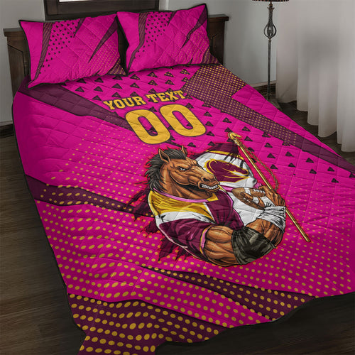 Custom Rugby Broncos Quilt Bed Set Muscular Horse Mascot With Flag In Pink