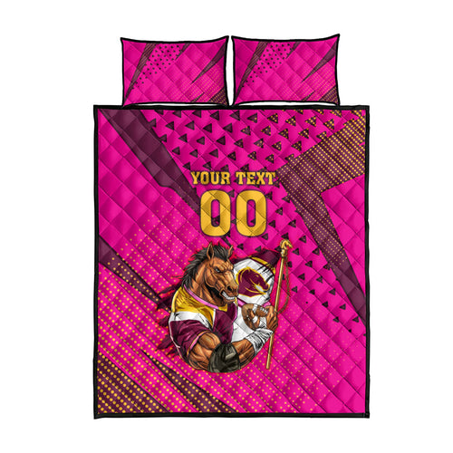 Custom Rugby Broncos Quilt Bed Set Muscular Horse Mascot With Flag In Pink