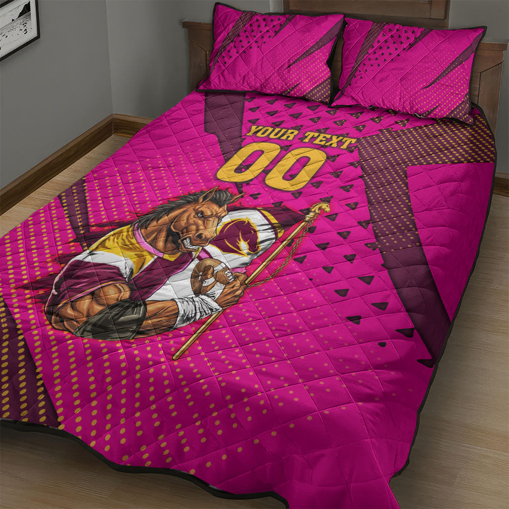 Custom Rugby Broncos Quilt Bed Set Muscular Horse Mascot With Flag In Pink