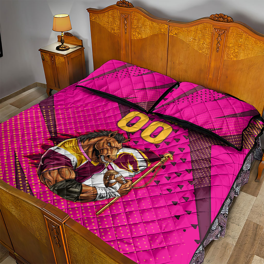 Custom Rugby Broncos Quilt Bed Set Muscular Horse Mascot With Flag In Pink