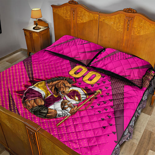 Custom Rugby Broncos Quilt Bed Set Muscular Horse Mascot With Flag In Pink