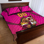 Custom Rugby Broncos Quilt Bed Set Muscular Horse Mascot With Flag In Pink