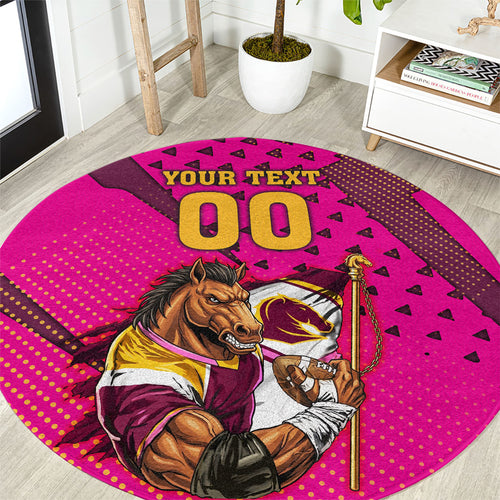 Custom Rugby Broncos Round Carpet Muscular Horse Mascot With Flag In Pink