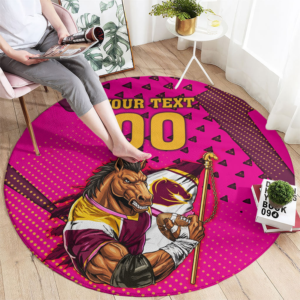 Custom Rugby Broncos Round Carpet Muscular Horse Mascot With Flag In Pink