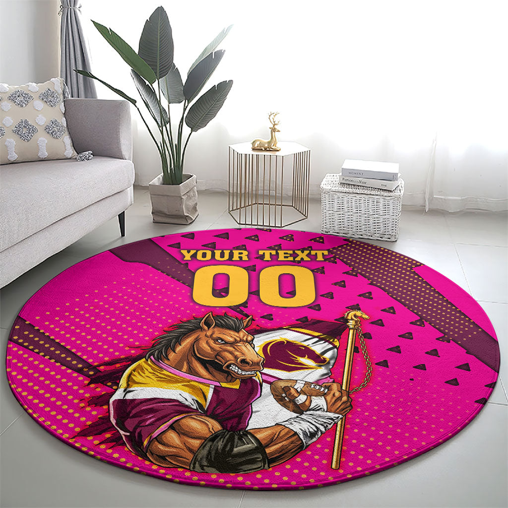 Custom Rugby Broncos Round Carpet Muscular Horse Mascot With Flag In Pink