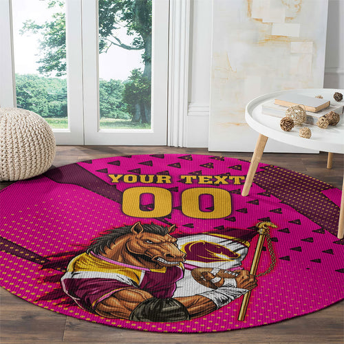 Custom Rugby Broncos Round Carpet Muscular Horse Mascot With Flag In Pink