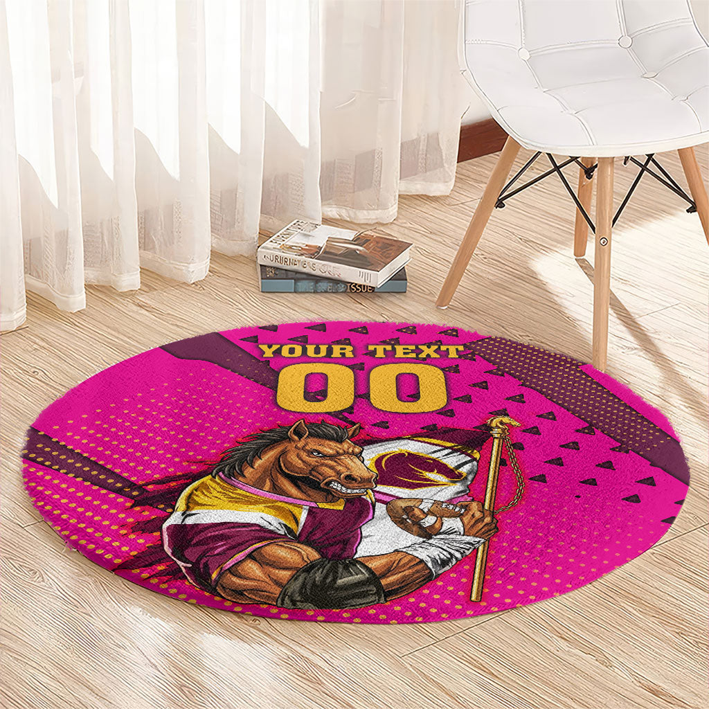 Custom Rugby Broncos Round Carpet Muscular Horse Mascot With Flag In Pink